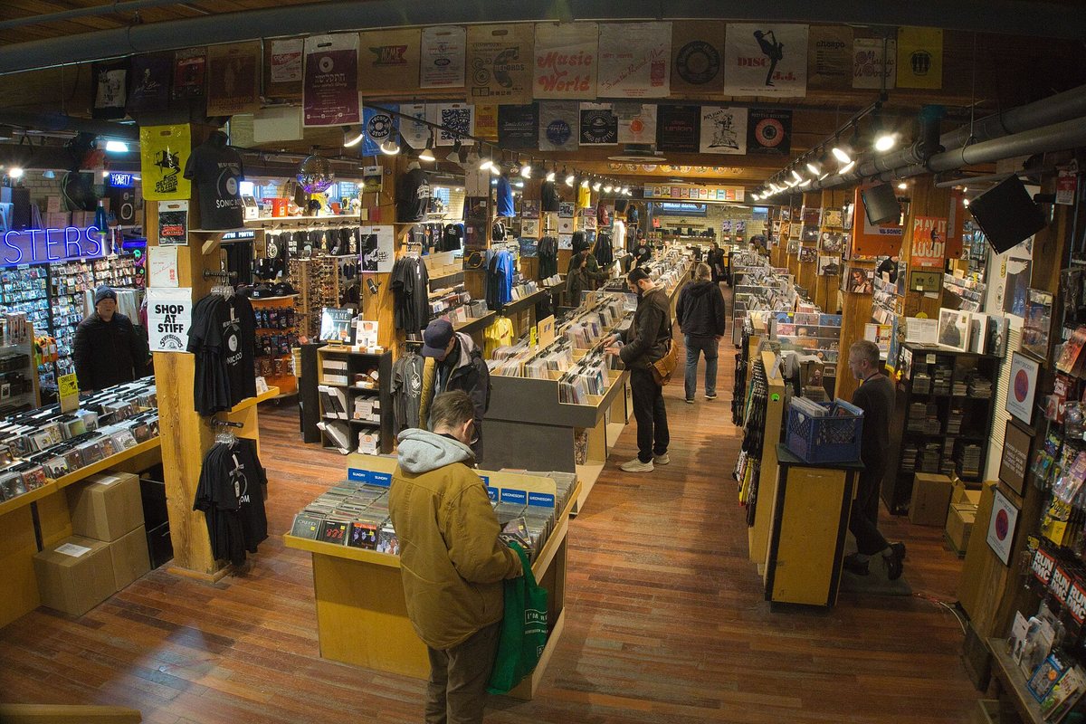 Shoppers and record racks inside Sonic Boom in Toronto in 2026