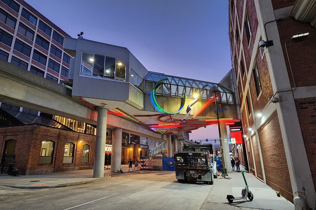 Greektown People Mover station and the street below in Detroit at dusk