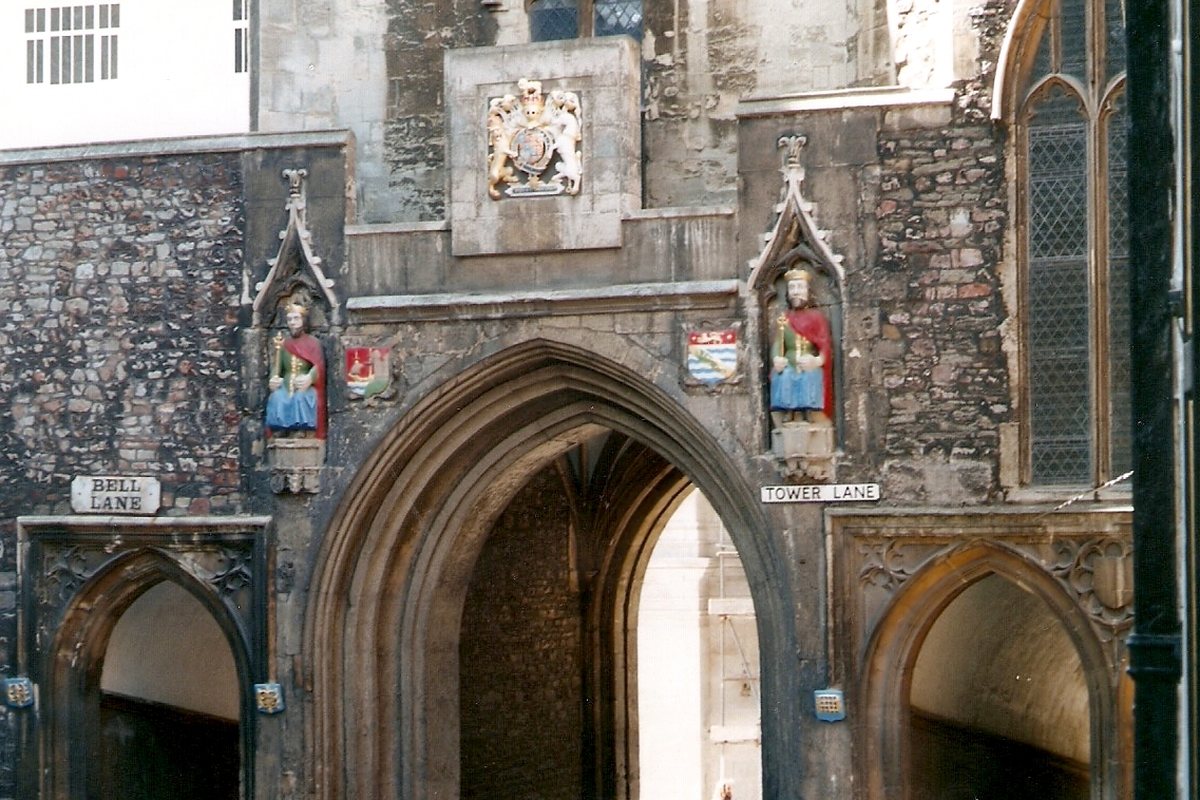 Stone archway and carved details on Broad Street in Bristol
