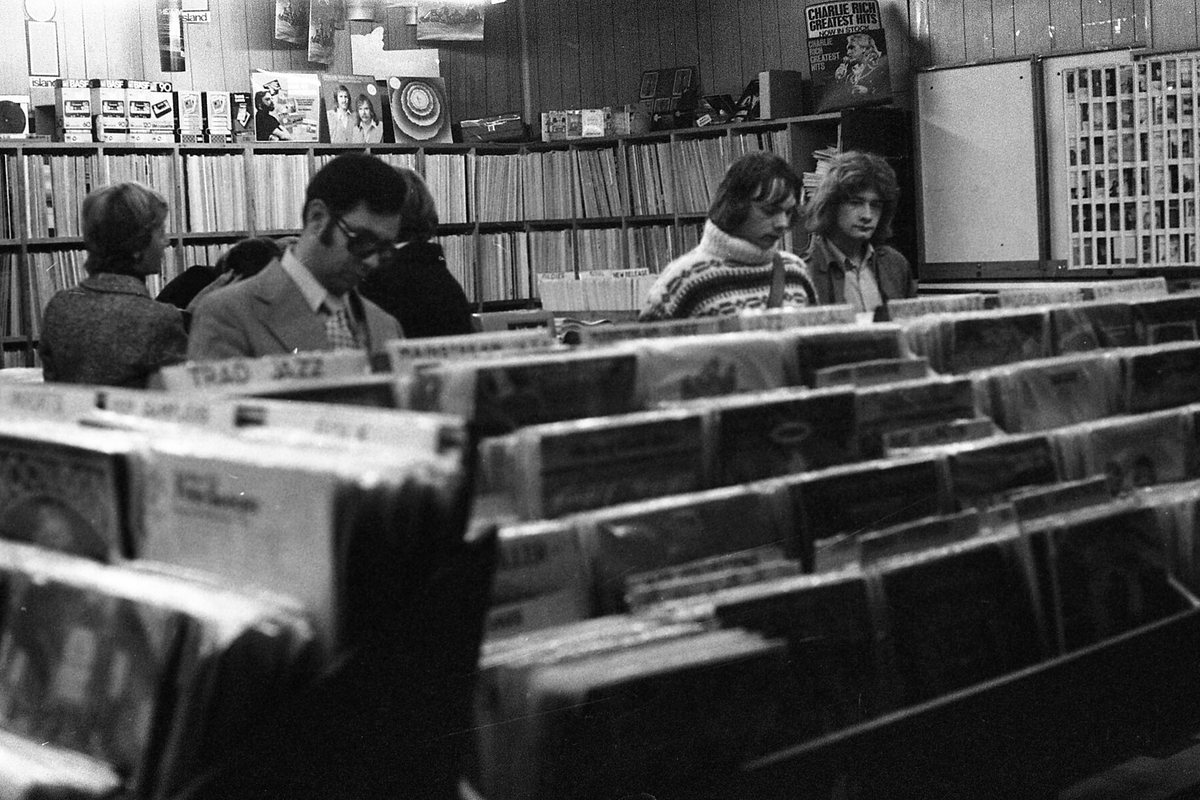 Shoppers in an Oxford Street record store in London in 1976