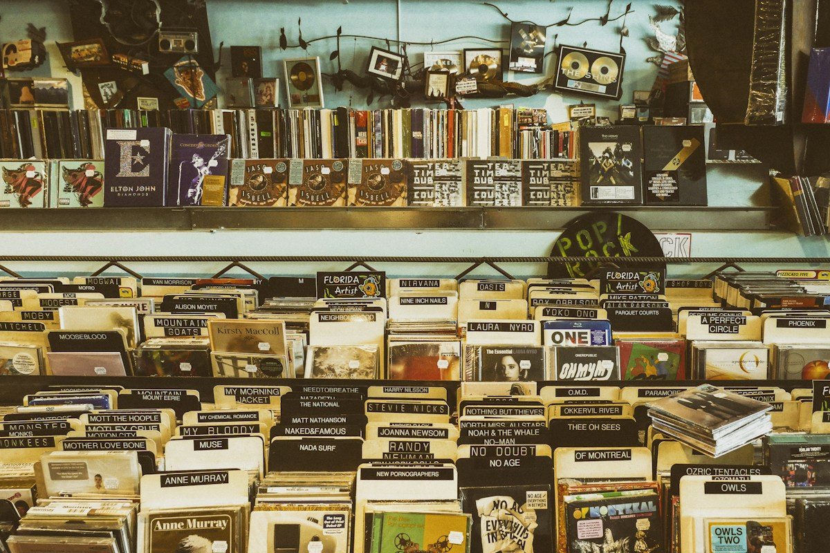Album covers and record bins fill a warmly lit shop