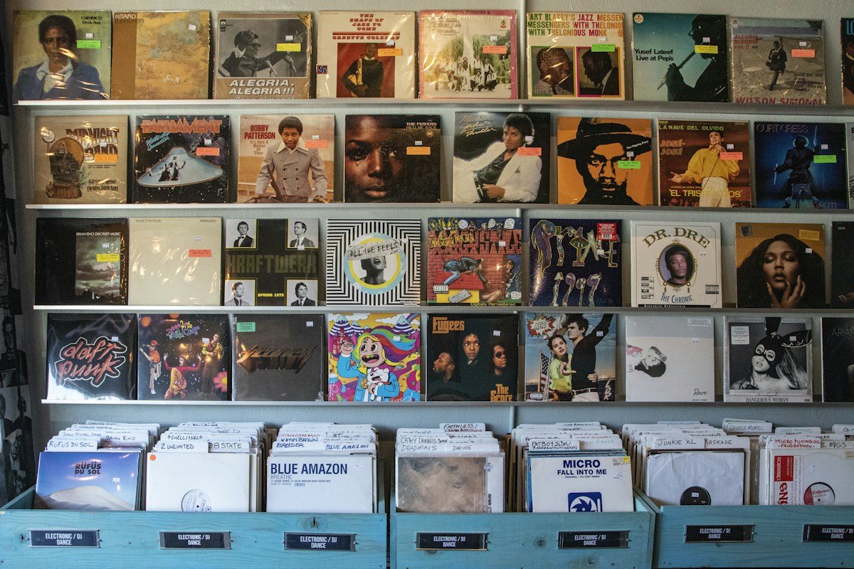 Colorful album sleeves displayed above rows of vinyl records