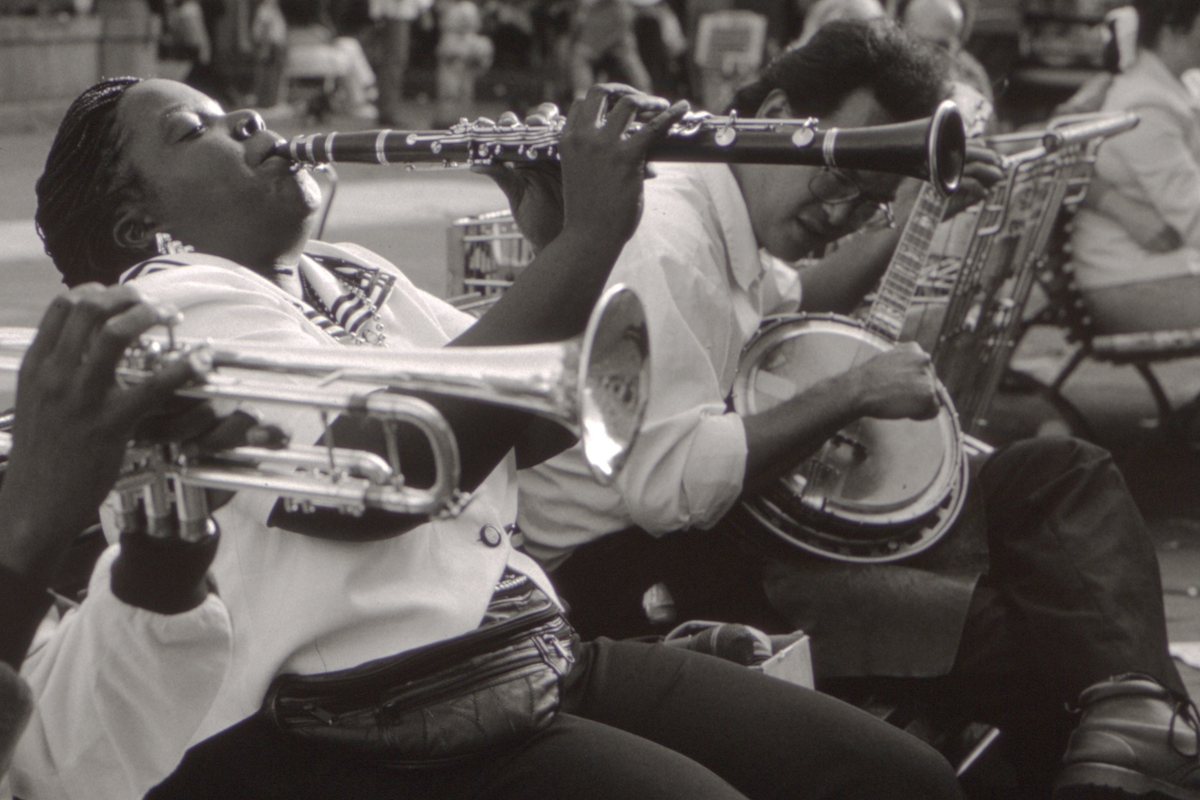 A black-and-white photograph of Doreen Ketchens immersed in a clarinet performance