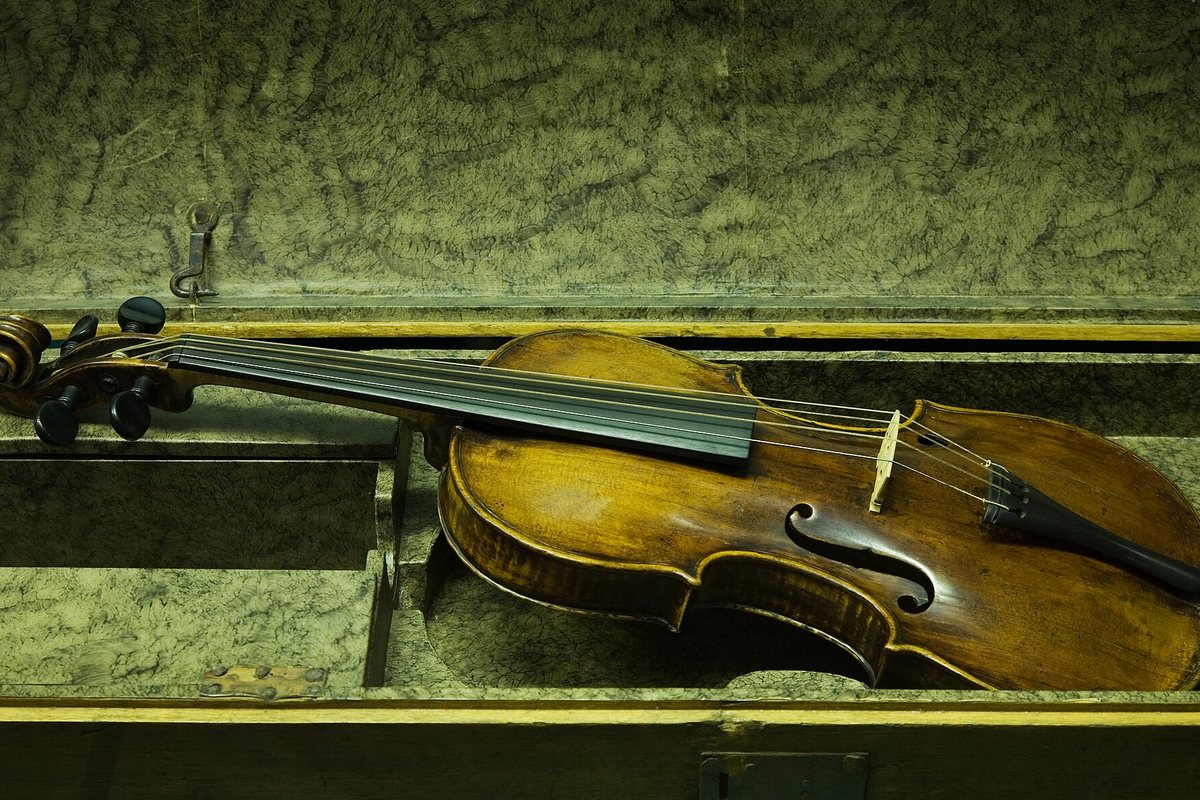 An antique violin resting in its open fitted case