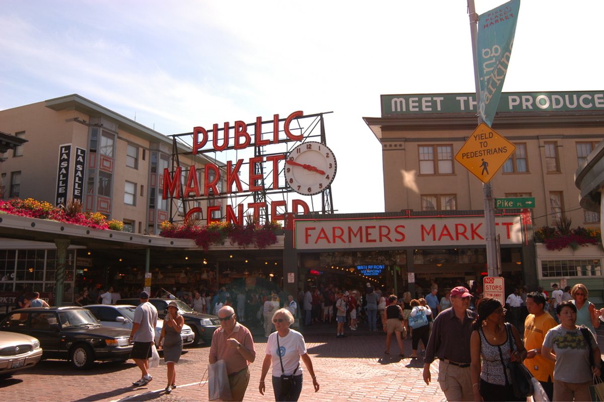 The Public Market Center sign above Pike Place Market in Seattle